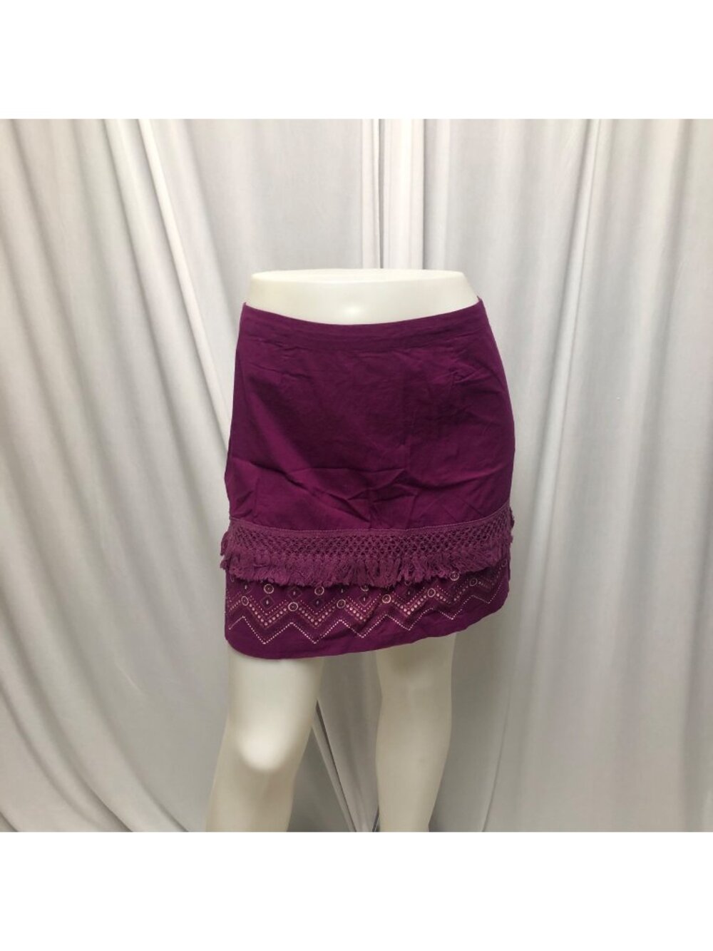 Coline Mini Skirt Womens Size Medium Plum Purple Fringed Cotton Boho Hippie Fun